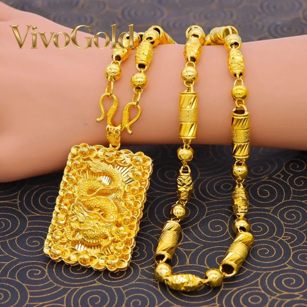 

VivoGold24K Real Gold Flame Guanyin Round Bead Necklace Pendant 9999 Men's Domineering Eagle Square Brand Cloth Pattern Dragon