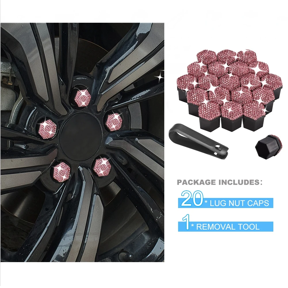 20Pcs Lug Nut Covers New Universal 17/19/21mm Wheel Lug Nut Cover Bolt Caps with Removal Tool Pink Car Accessories