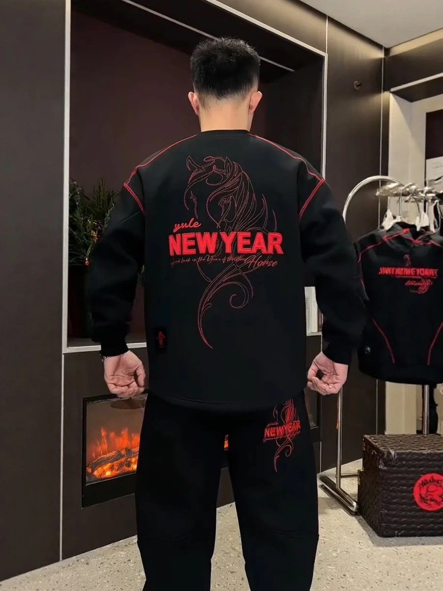 

Модный мужской свитшот с вышивкой и круглым вырезом, коллекция Осень-Зима 2026, новый дизайн с узором китайского зодиака