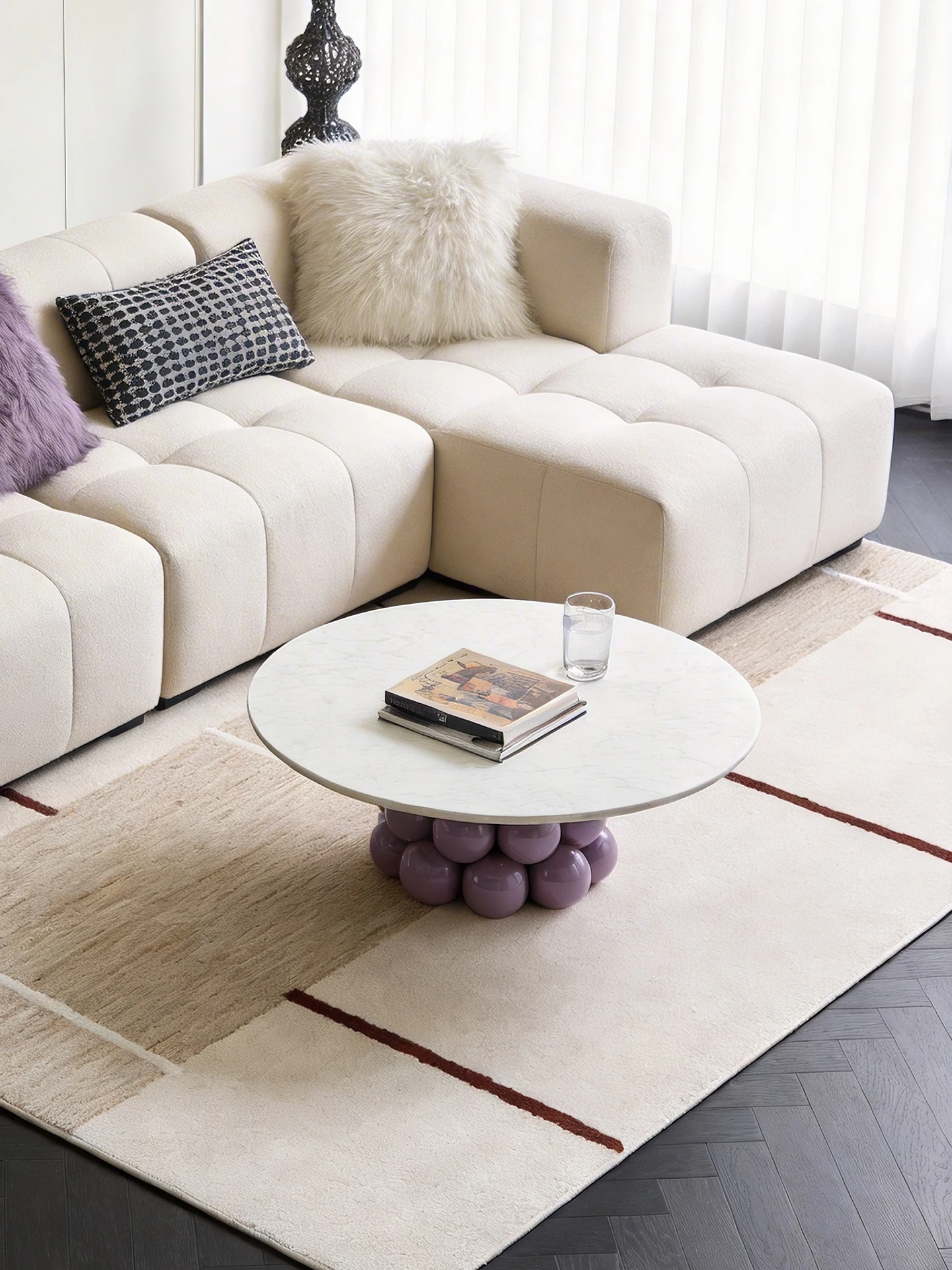 Round marble coffee table Purple sphere Geometric base Modern minimalist living room