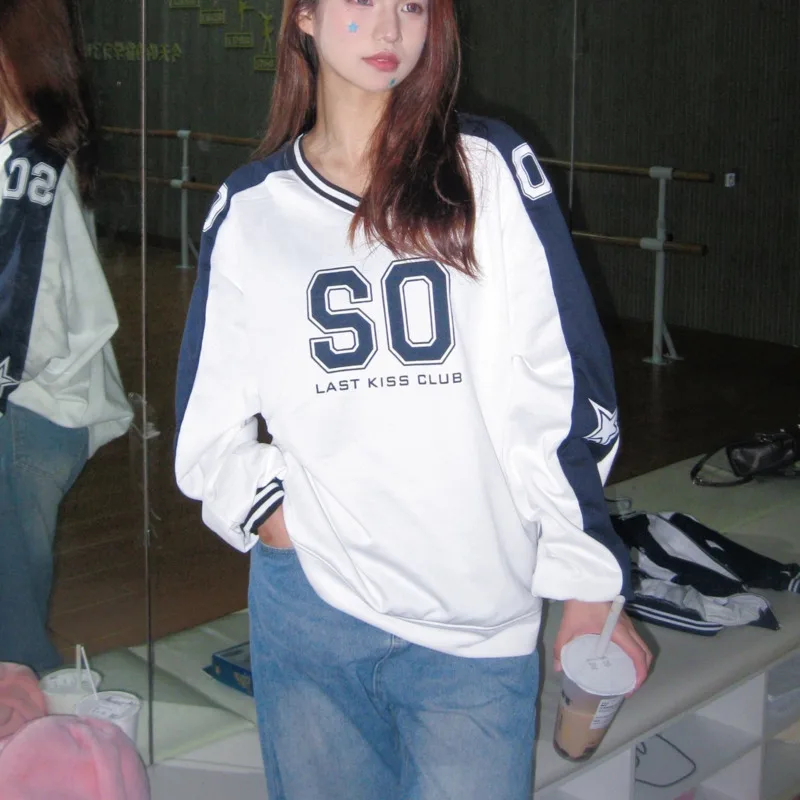 Y2k Korean Style Letter Printed Long Sleeve Tshirt Youth Women Hip Hop 2000s White Sweatshirt Casual Sports Jogging Emo Pulovers