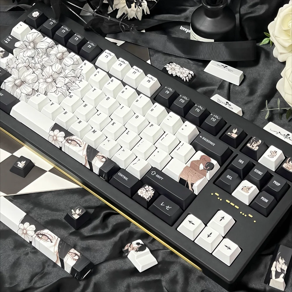 Reisai 3.0 Pro Keycap Set Anime Preto e Branco PBT Cherry Shaped Keycaps para Teclados Mecânicos 68/84/87/104