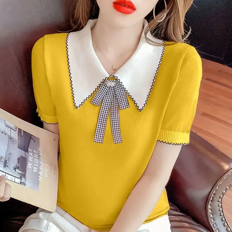 Summer Casual Fashion Polo-neck Patchwork Chic Bow Tee Female Short Sleeve Loose Knitting Top Ladies Pullover  Women\'s Clothing