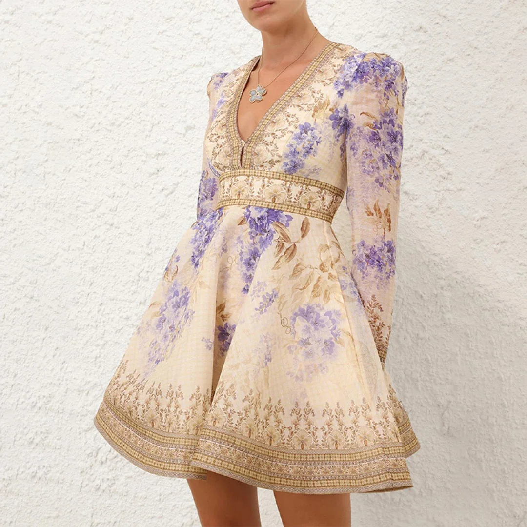 

2025 High Quality Linen Silk Spring Summer Floral Print Long Sleeve Women Vintage Mini Dresses