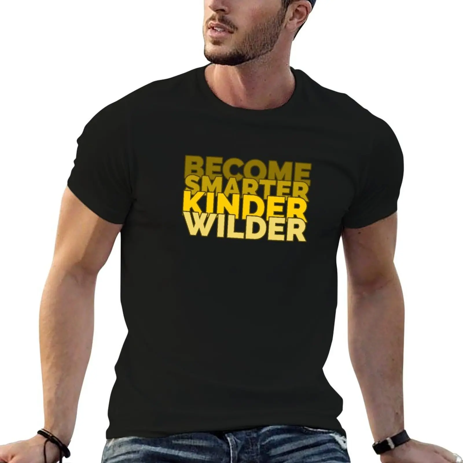 T-shirt jaune Become Smarter Kinder Wilder, t-shirts graphiques de créateur pour hommes, t-shirts graphiques vintage pour hommes