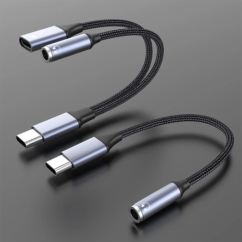 USB C to AUX 3.5mm Phone Audio Cable 2in1 With PD60W Fast Charge USB-C Tyepe C to AUX Cable 3.5mm Jack Earphone Converte Adapter