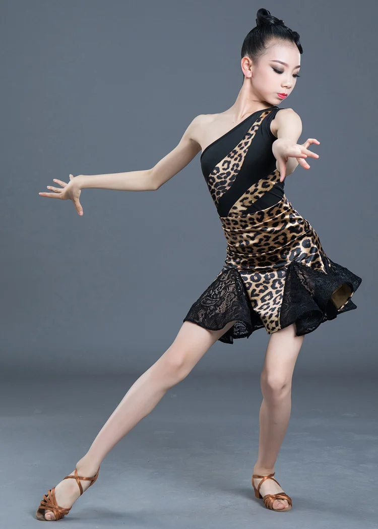 1pcs/lot Children Sexy One Shoulder Leopard Latin Dance Dresses Girls Dress Girl Show Performance Chacha Dancing Dresss