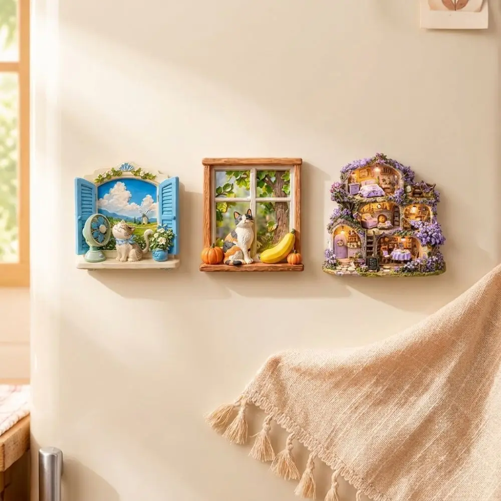 Resin 3D Embossed Refrigerator Sticker Shop Shape Cat Themed Refrigerator Magnet House Themed Ornaments Refrigerator Decoration