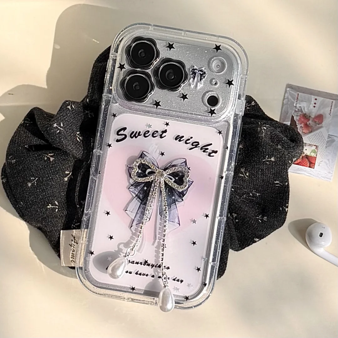 

Cute Diamond Bow Pink Girl Phone Case For iPhone 17 Pro Max 13 15 14 16 17 Pro Max Transparent Shockproof Soft Cover﻿