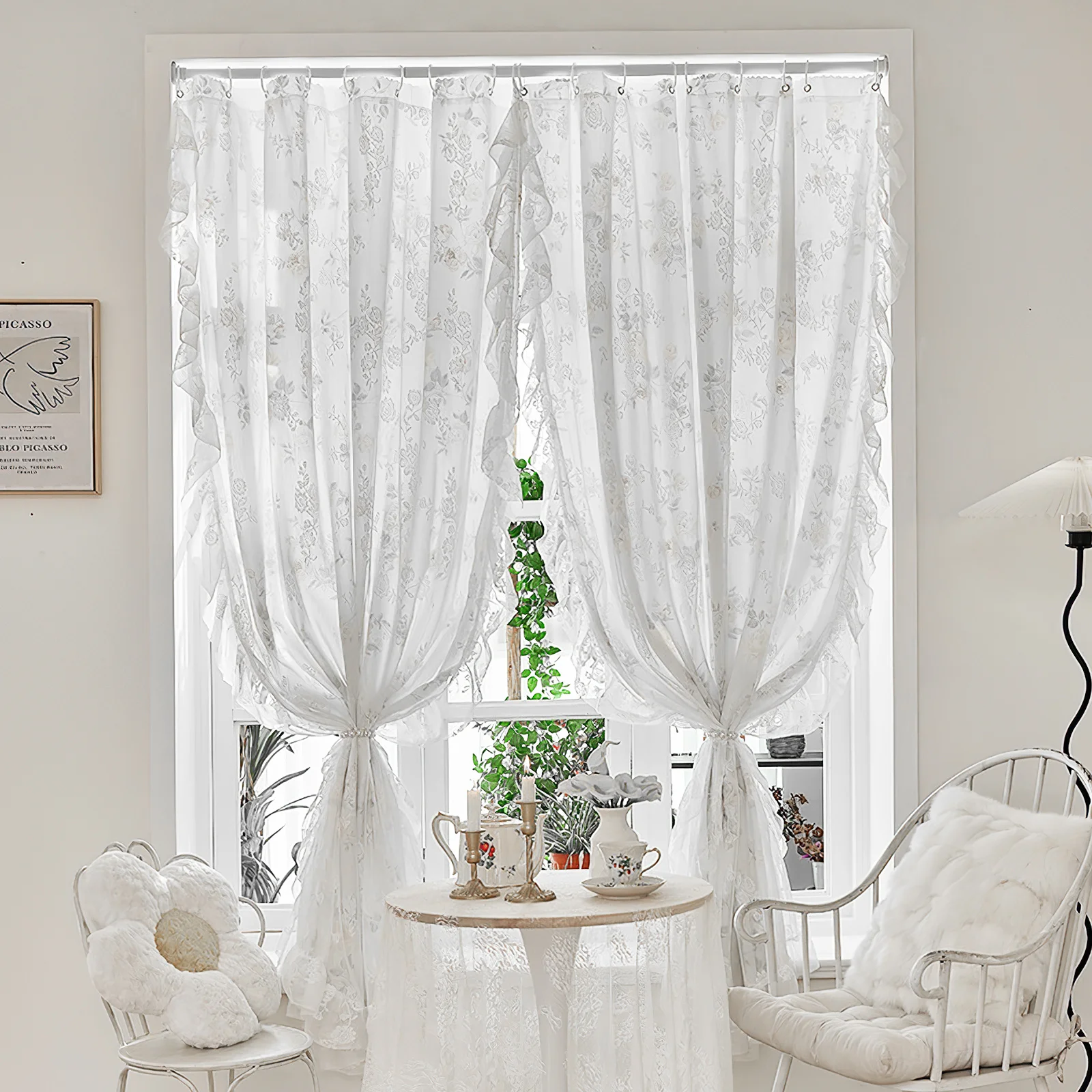 

White Linen Farmhouse Burlap Lace Curtains Textured Blackout Drapes for Bedroom Living Room Window White Sheer Curtains