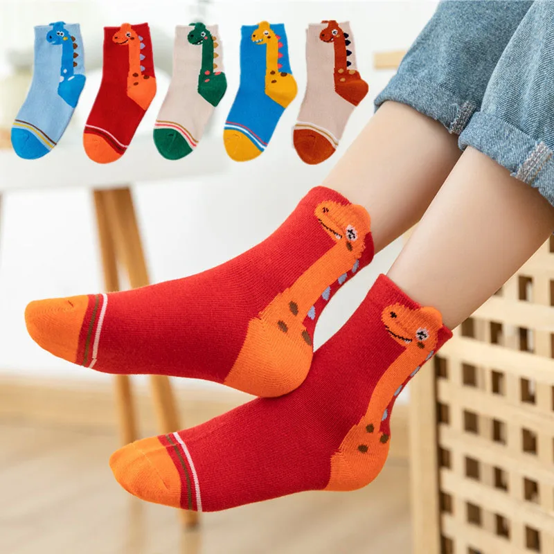 5 Pairs Children’s Dinosaur Pattern Socks – Breathable Cotton Crew Socks for Boys & Girls, Perfect for Daily School Wear