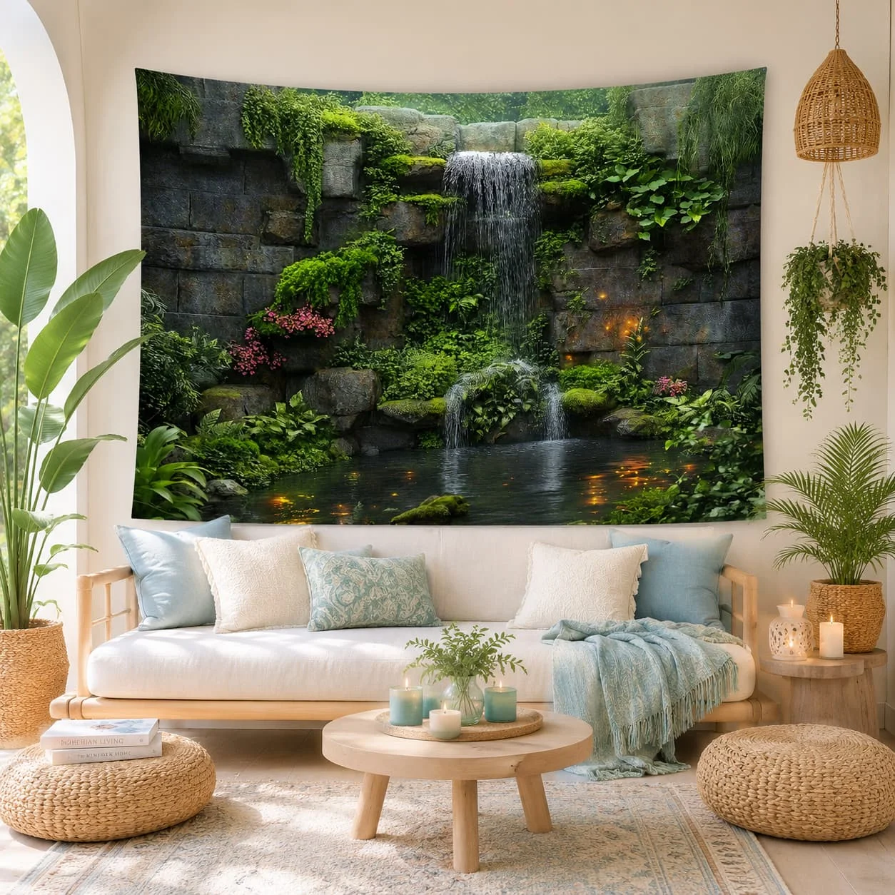 1pc Waterfall & Greenery Polyester Backdrop Banner - Lush Stone Wall Design with Cascading Waterfall & Vibrant Foliage, Durable Wrinkle-Resistant Fabric for Photography, Live Streaming, Weddings, Parties - Indoor/Outdoor Decor, No Electricity Needed,