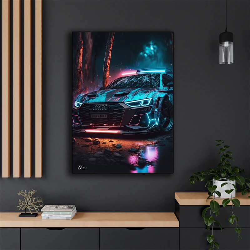 Japan Neon Cyberpunk Animal Car Poster Aesthetics Wolf Super Sports Car Fuji Canvas Painting Wall Art Home Driver Room Decor