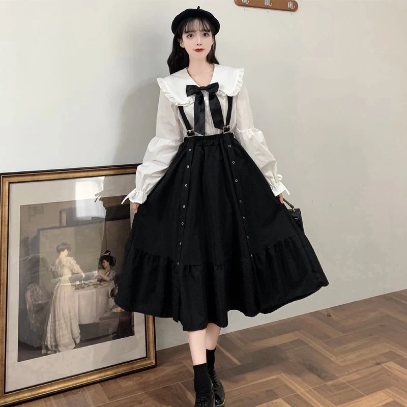 lolita doll dress Waist Show Thin Black Mid-Length Ruffled Student fairy dress tea party lolita dress sweet lolita doll