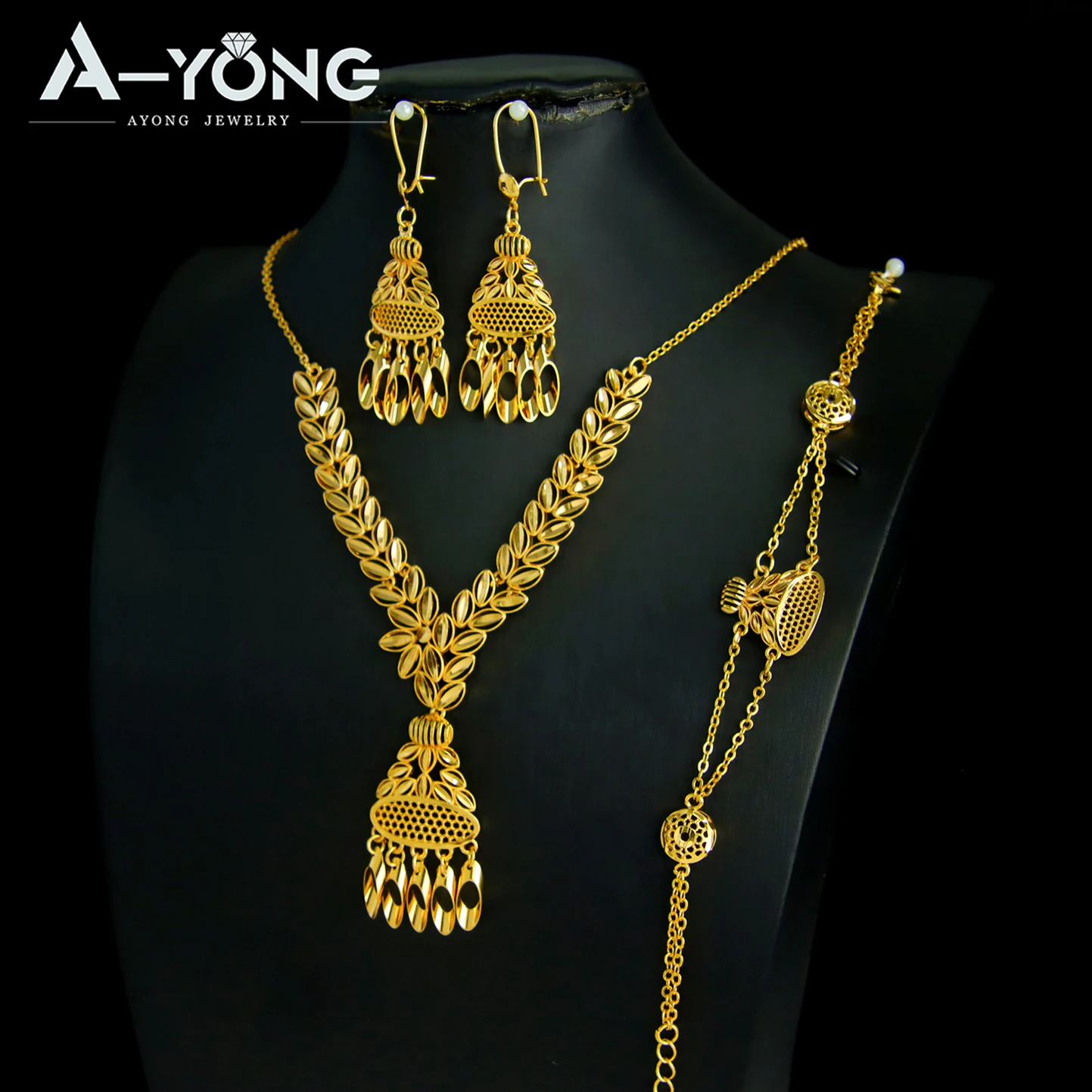 Luxuriöses Dubai Brautschmuck-Set 21k Vergoldet Nigeria Elegante Halskette Armband Ohrringe Arabischer Frauen Party-Schmuck – Detail 35