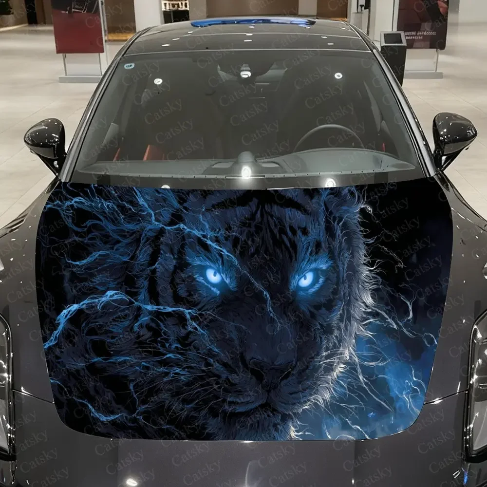 Teal Lightning Roaring Tiger Car Vinyl Wrap, PVC Waterproof Car Sticker, Self-Adhesive Scratch-Resistant Engine Cover Sticker