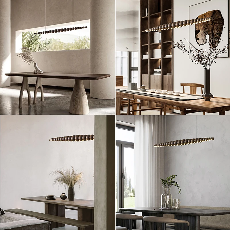 

Modern Wooden Beads Long Linear LED Pendant Lights Dimmable With RC Indoor Hanging Lamp Kitchen Island Dining Living Room Office