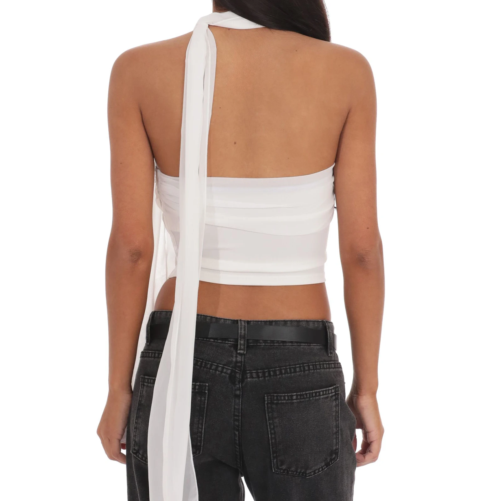 Mujeres y2k Coquette Sexy sin mangas Tops de tubo sin tirantes con bufanda sólido/Leoprad Slim Fit Crop Bandeau Tank Tops Streetwear