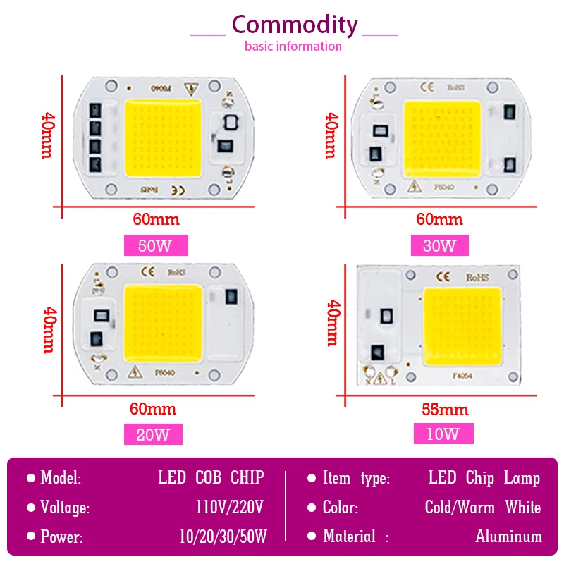 LED COB 칩 드라이버 없는 스마트 IC 투광 조명 스포트라이트용 LED 램프 비즈, DIY 매트릭스 조명, 10W, 20W, 30W, 50W, AC 110V, 220V