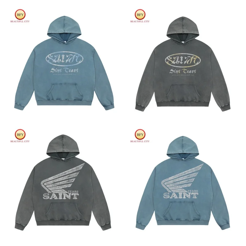 

24ss Latest Print Logo SAITN Washed Hoodie Streetwear Vintage Loose Mens Womens Hooded Sweatshirt