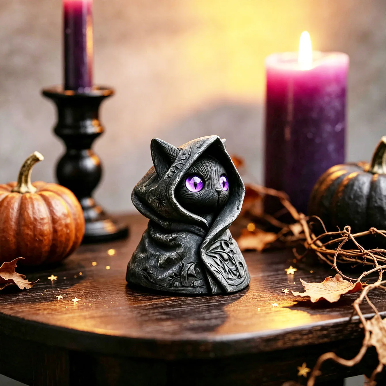 Niedliche Tier-3D-Druck-Katzenskulptur mit Kapuze, Gothic-Mysteriöse-Katzenstatue, Halloween-Heimdekoration – Detail 3