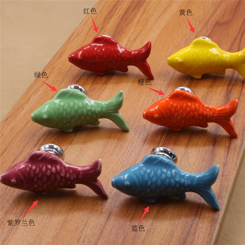 European Style Wine Cabinet Shoe Cabinet Drawer Wardrobe Cabinet Knobs Gold Fish Cartoon Color Single Hole Ceramic Handle