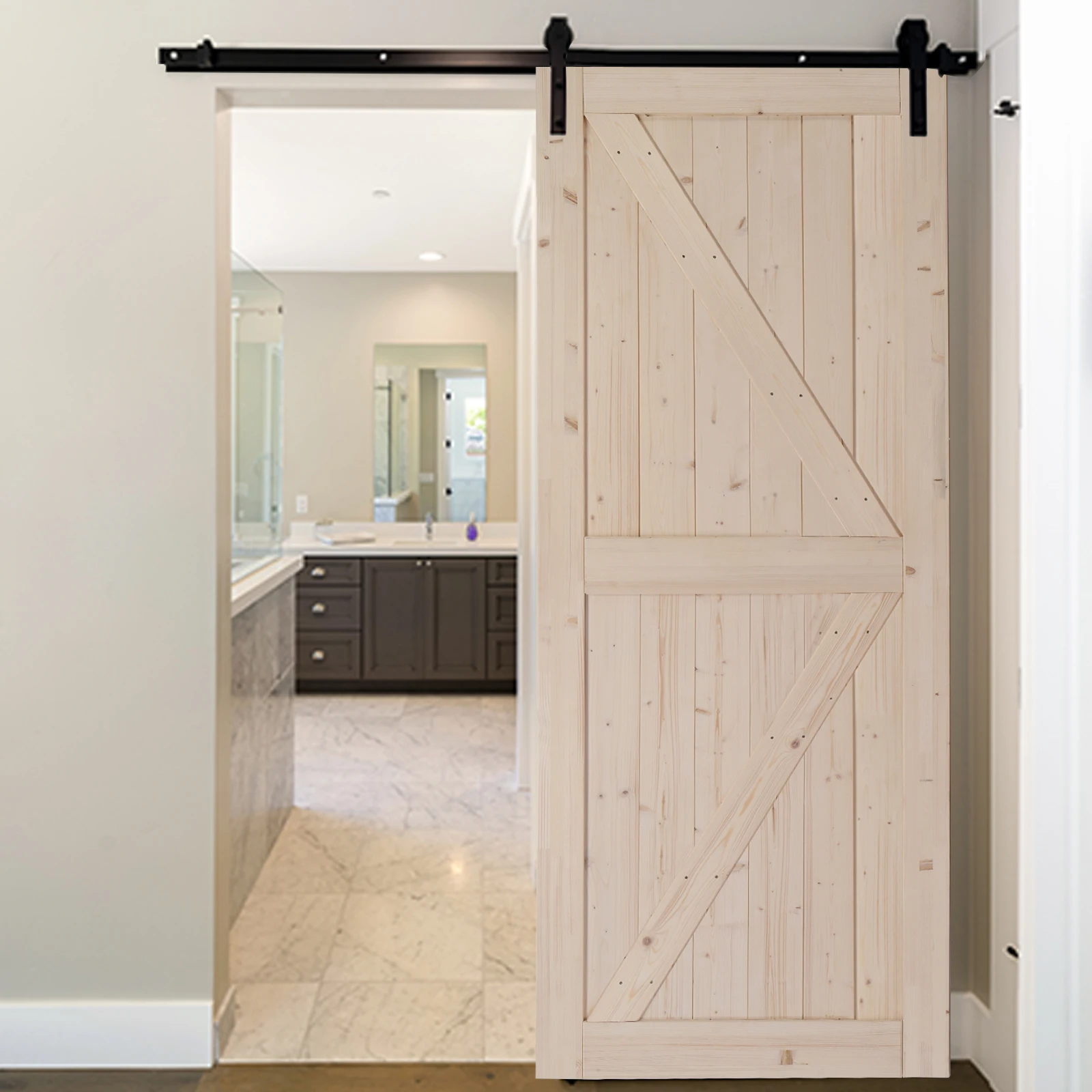 36 in. x 84 in. Unfinished Sliding Barn Door ，K Frame，Solid Spruce Wood，Requires Simple DIY Assembly