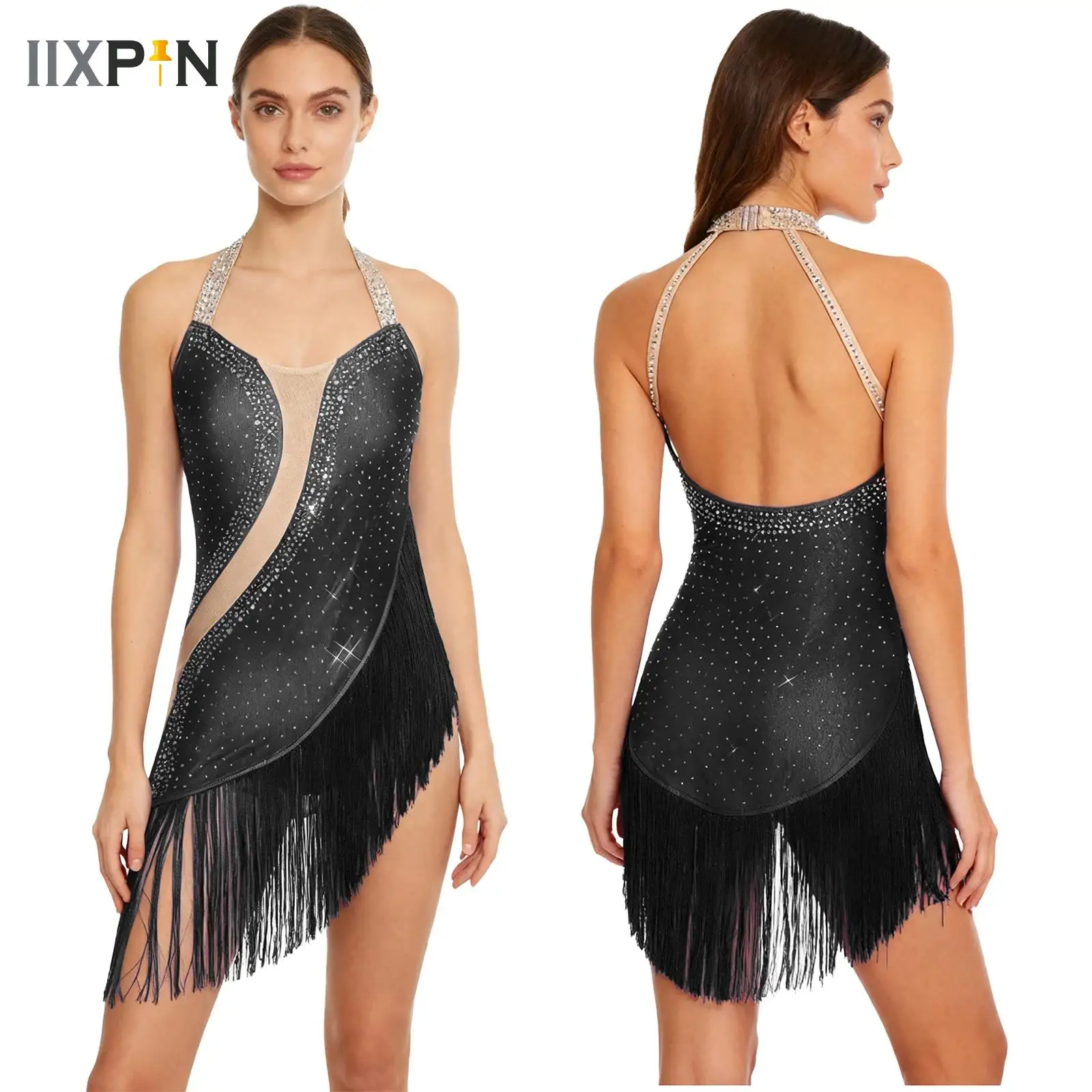 Womens Rhinestones Gymnastics Jersey Latin Dance Tassel Bodysuit Dress Figure Skating Leotard Tango Cha-cha Dance Stage Costume