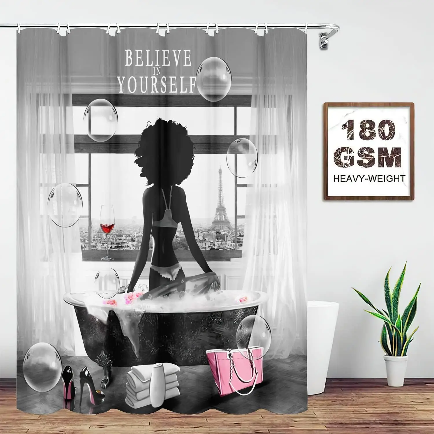 

Shower Curtain African American Girl Believe in Yourself Sexy Heels Bubble Waterproof Fabric Polyester with 12 Hooks Bathroom