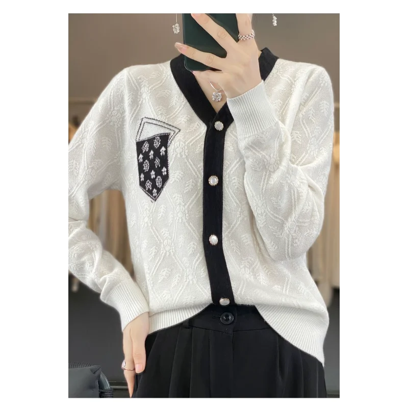 Damski kardigan z dzianiny w stylu \"mały zapach\", dekolt w serek, kontrastowy, jesienno-zimowy sweter, kurtka, elegancki top.