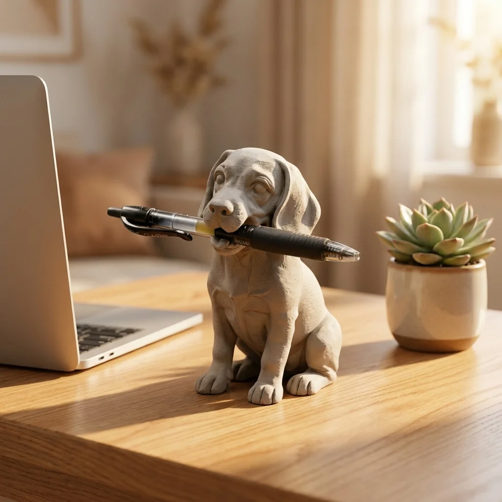 Grey Sitting Puppy Sculpture Pen Holder Mini Dog Figurine Desk Storage Decor with Minor Craft Imperfect Novelty Office Gift