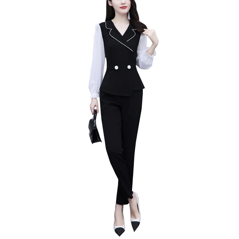 Elegant Patchwork Office Lady Pants Sets For Spring Autumn 2023 New Women Fashion Oversize Turn Collar Slim 2 Pieces Outfits