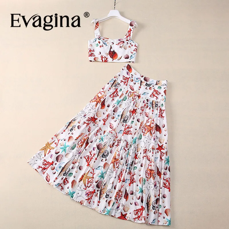 

Evagina Fashion Summer Women's Suit Spaghetti Strap Backless Tops+Pleated Splicing Half skirt Print Two piece set