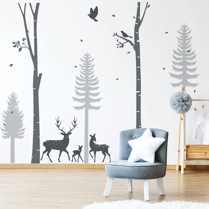 Large Pine Trees with Deers Wall Sticker Dream Forest Theme Pine Wallpaper for Kindergarten Playrooms Kids Room Wall Decoration