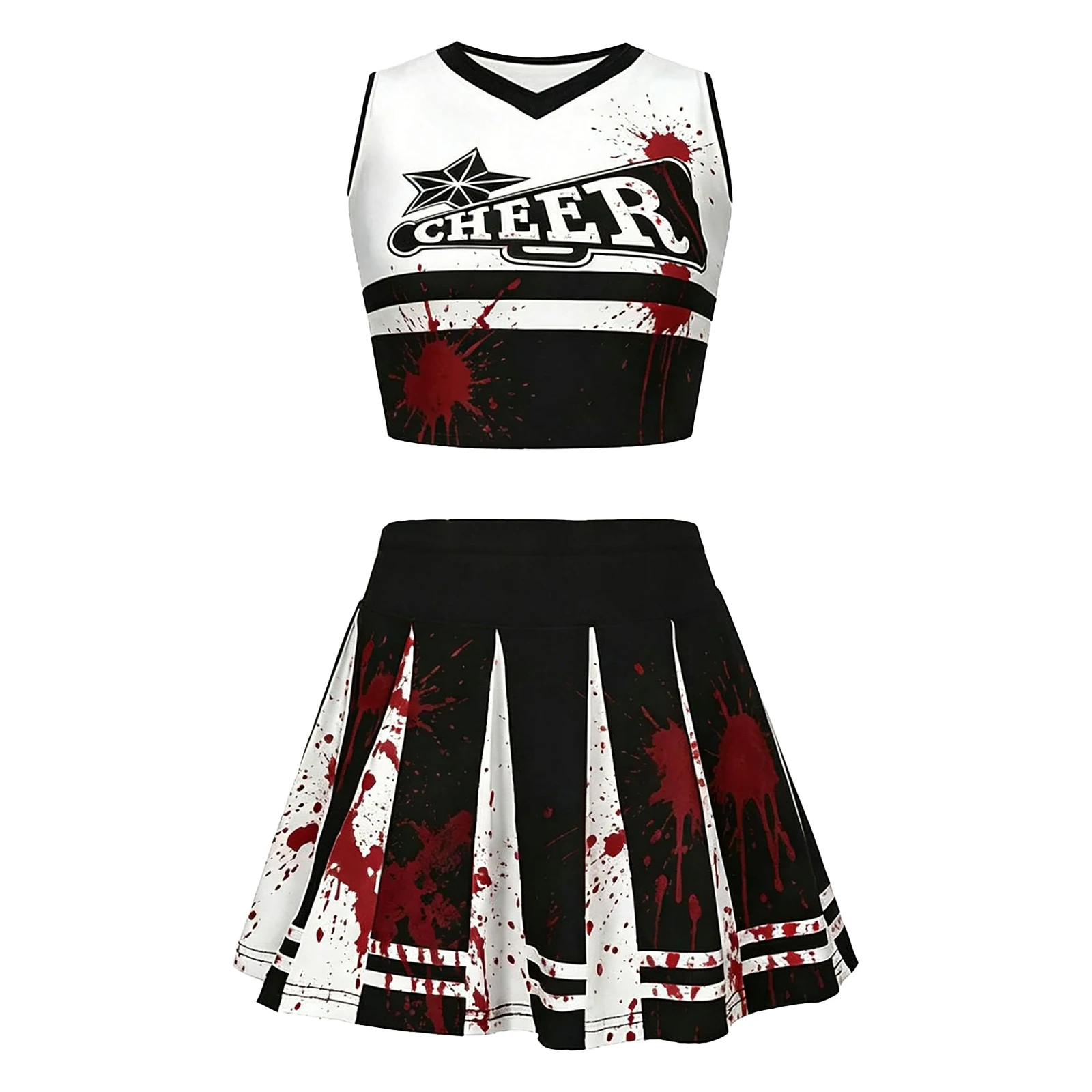 Kinder Mädchen Halloween Cheerleader Cosplay Kostüm Cheerleading Uniform V-Ausschnitt Crop Top mit Faltenrock Cheer Dance Outfit – Detail 9