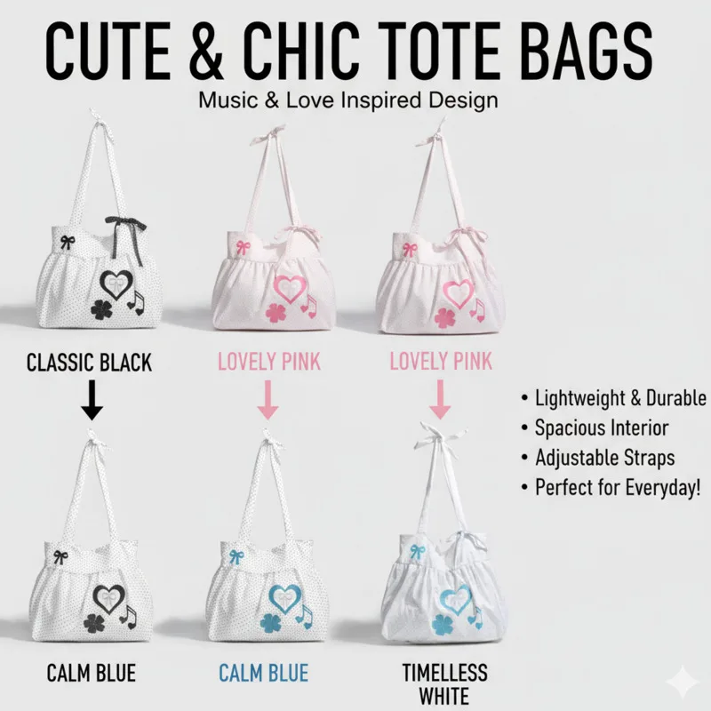

Music Y2K Tote Bag Korean Polka Dot Cute Note Print With Bow Heart High Capacity Cotton Shoulder Crossbody Travel Bag Itabag New