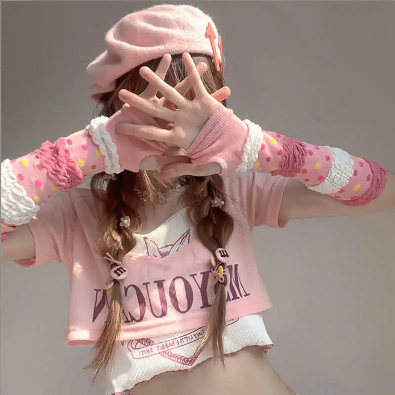 1 Pairs Women's Sleeves Autumn Winter Japanese Dot Dopamine Cute Kawaii Sweet Y2K Lolita High-quality Sleeves Gloves For Girl