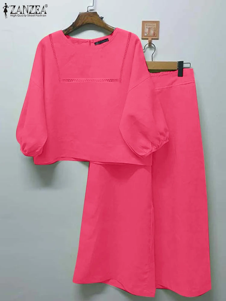 

ZANZEA Autumn Fashion Party Suit Woman 2pcs Lantern Sleeve O Neck Blouse Pant Casual Matching Sets Elegant Holiday Outifits 2023