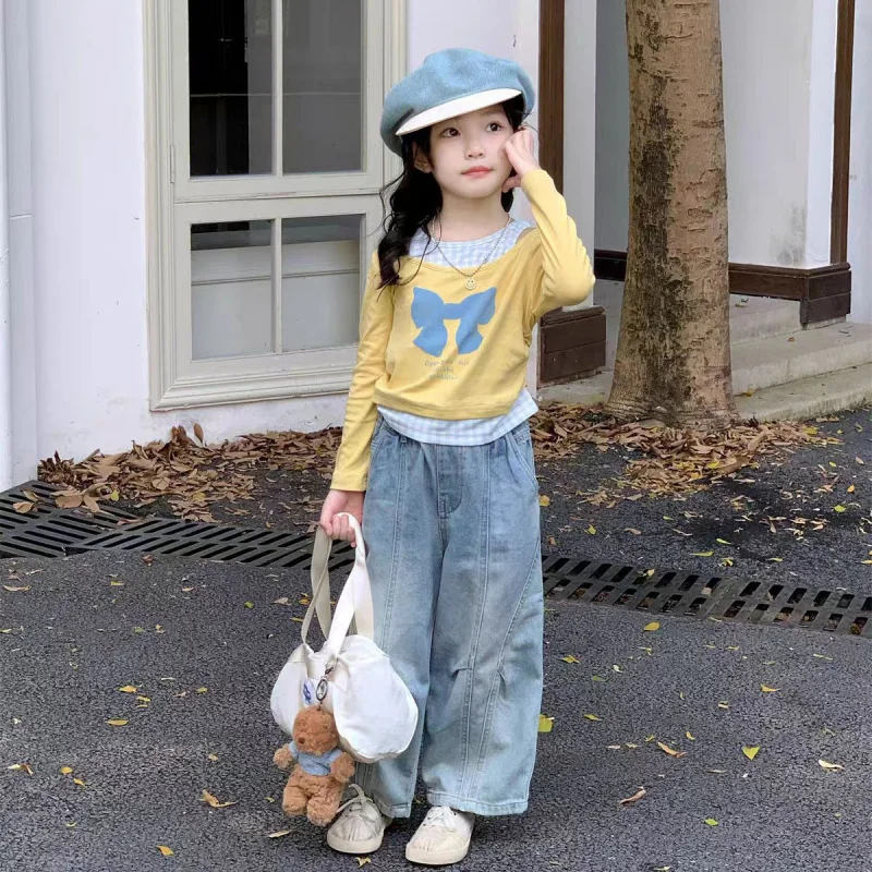 

Girls2025Autumn and Winter New Children's Fashion Patchwork Bow Top and Jeans Set Cute