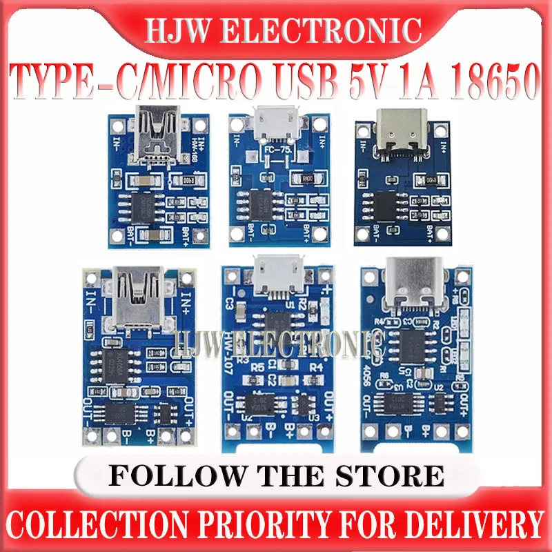 1PCS type-c/Micro USB 5V 1A 18650 TP4056 Lithium Battery Charger Module Charging Board With Protection Dual Functions 1A Li-ion