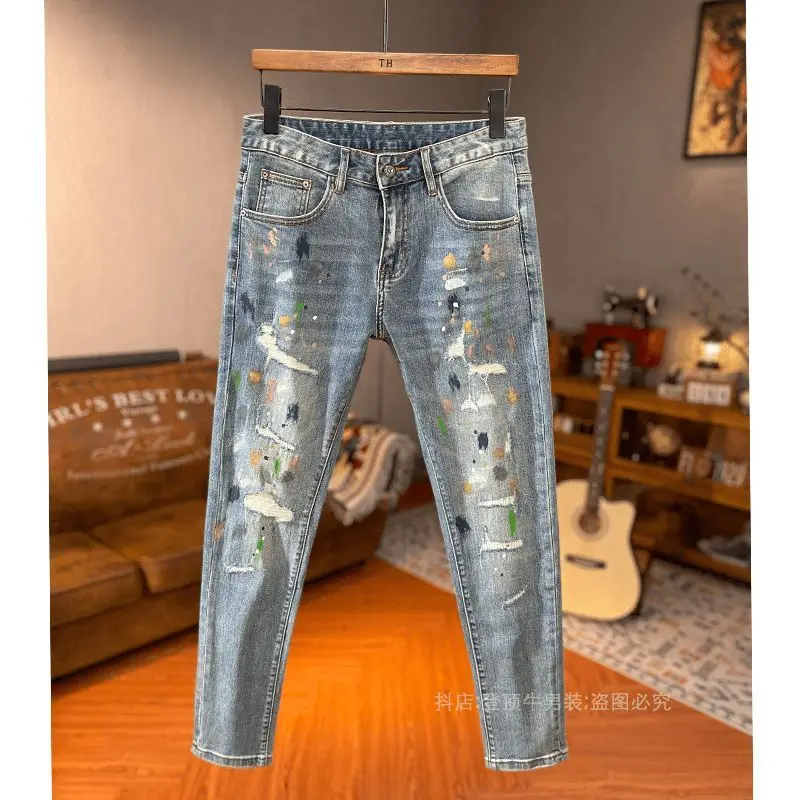 Korean Men's Casual Spring Autumn Fashion Cargo Paint Splash Ripped Patch Stretch Man Designer Clothes Slim-Fit Skinny Jeans