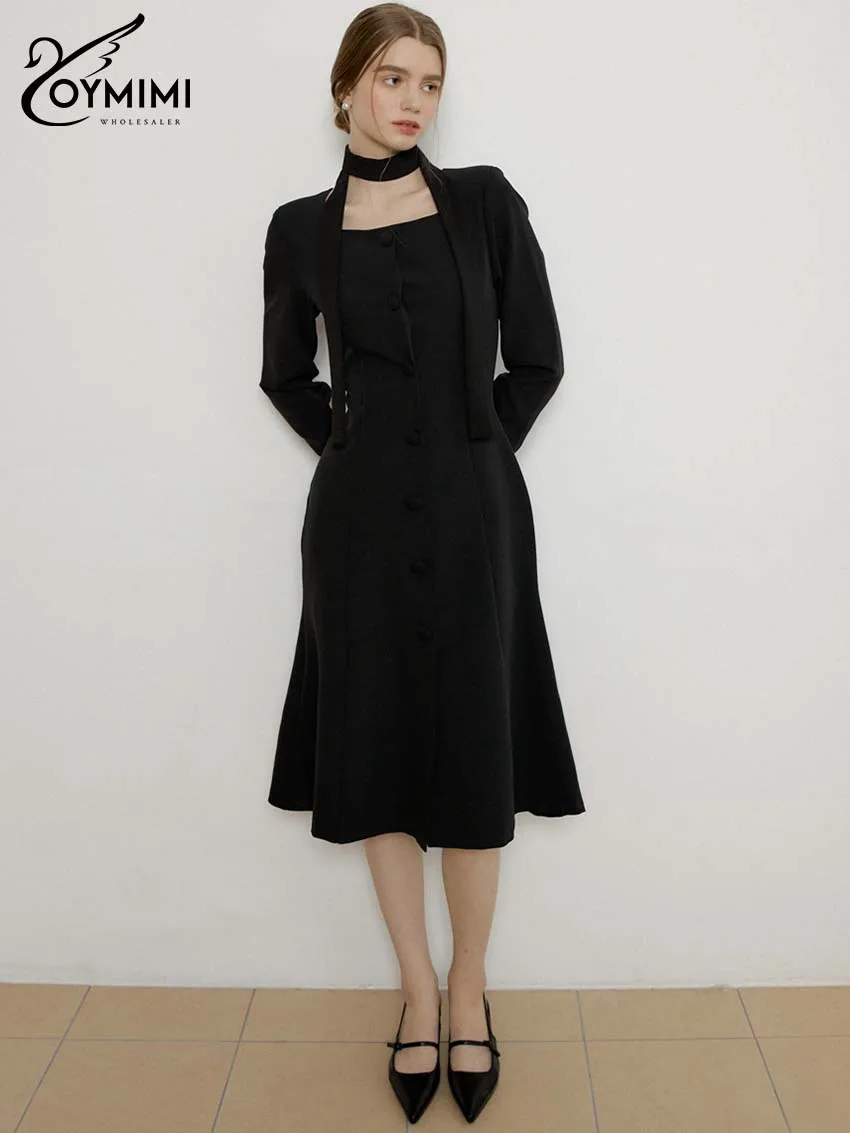 

Oymimi Fashion Black Square Neck Dresses 2025 Woman Elegant Long Sleeve Single Breasted Dress Casual Straight Knee-Length Dress