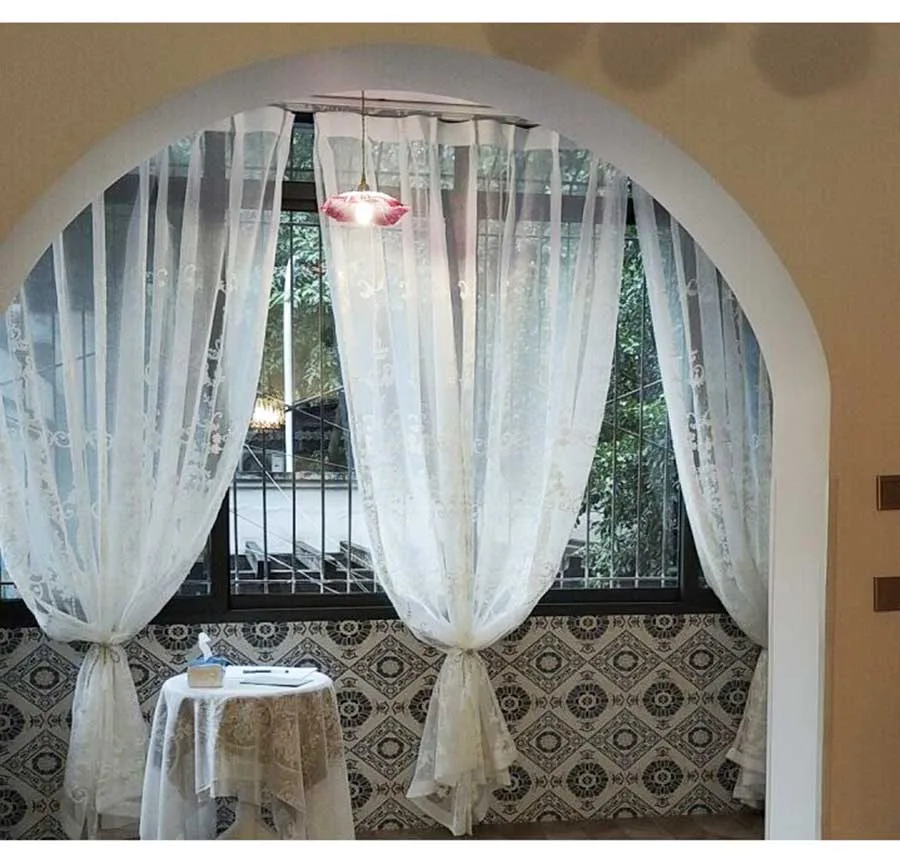 Rideaux En Filet De Coton Blanc, Broderie Fleurie, Voile, Panneaux Drapés, 255-381 Cm