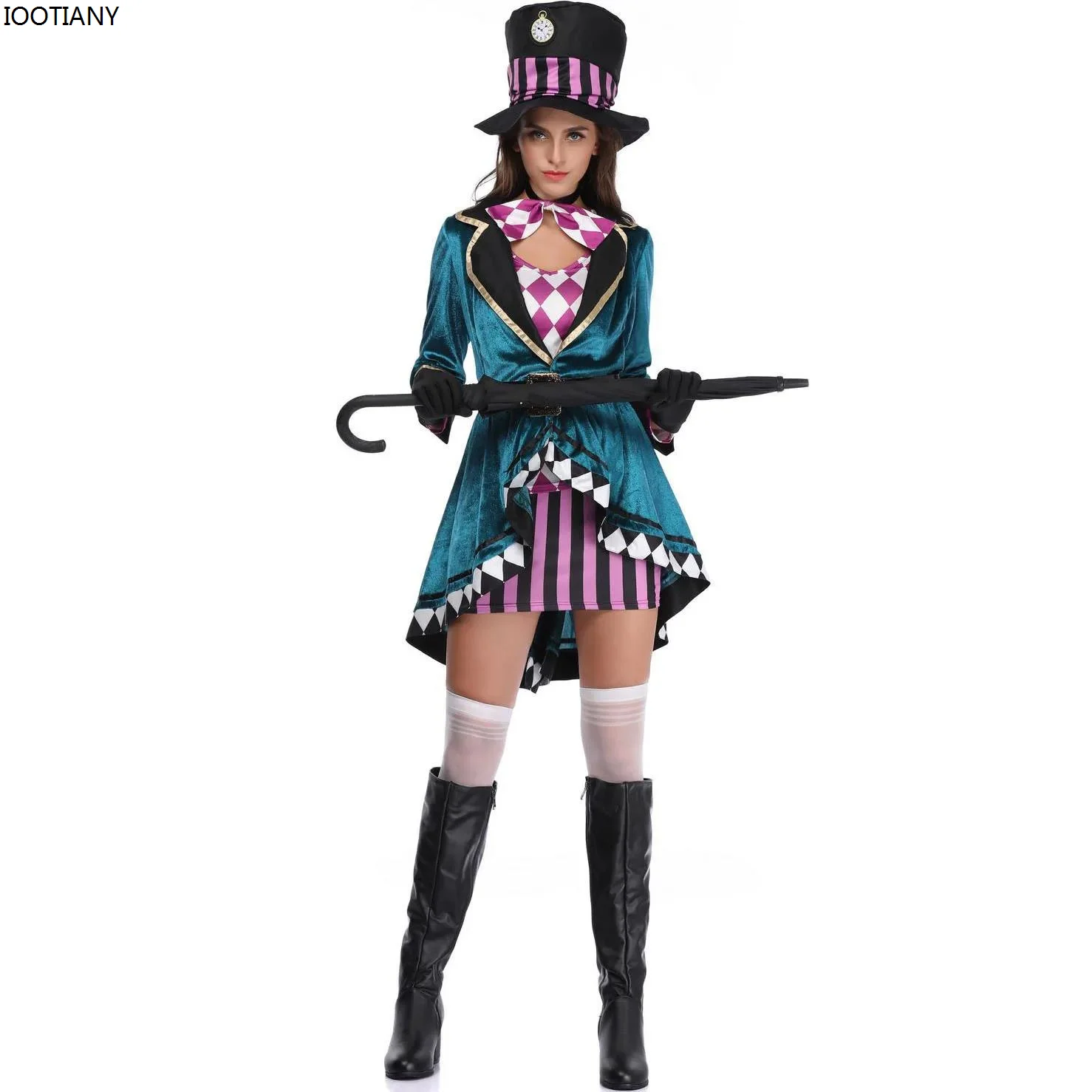 

Sexy Adult Fairy Tale Dress Women Magic Show Tuxedo Carnival Alice In Wonderland Clock Mad Hatter Cosplay Costume Fancy Dress