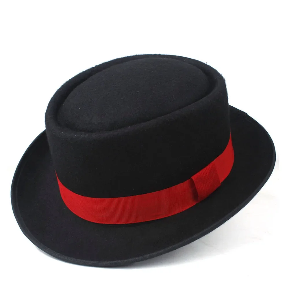 Chapéu Pork Pie Unissex para Homens e Mulheres com Fita Vermelha, Chapéu Fedora de Lã, Tamanho 58CM