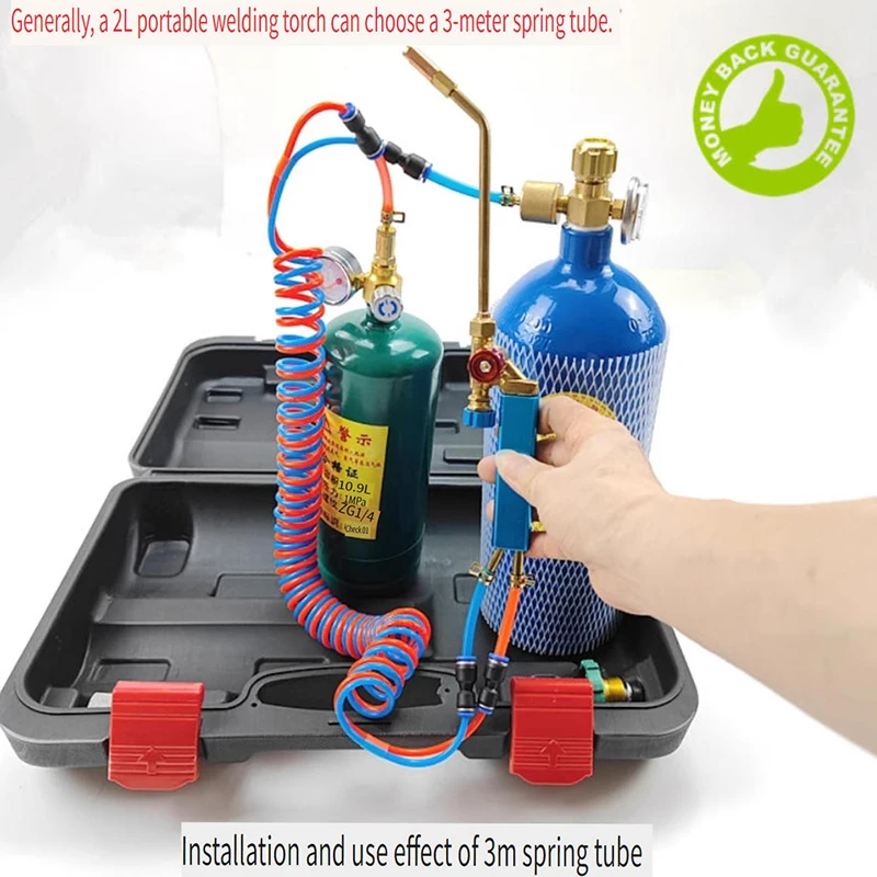 شعلة لحام صغيرة متصلة بأنبوب تلسكوبي زنبركي 2 لتر مسدس لحام محمول PU صف مزدوج أنبوب الأكسجين الأسيتيلين #6