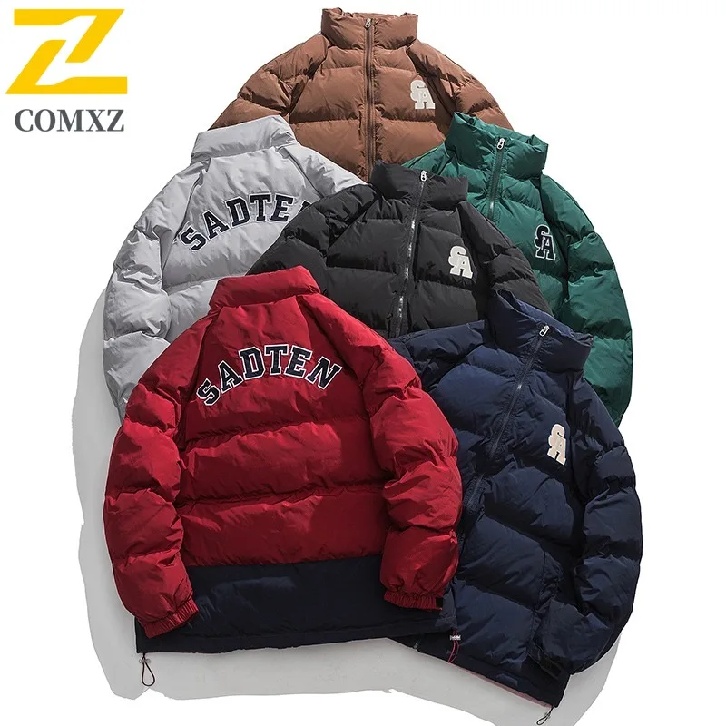 COMXZ スタンドカラーパッド入りメンズ冬新作ストリートウェアレターパッチ刺繍厚手暖かい防寒綿軽量ウインドブレーカー