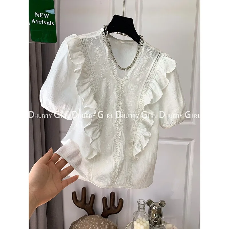 

Sweet V-Neck Lace Hollow Out Spliced Ruffles Loose Puff Sleeve Blouse Summer Chic Tops Elegant Female Clothing Commute Shirt