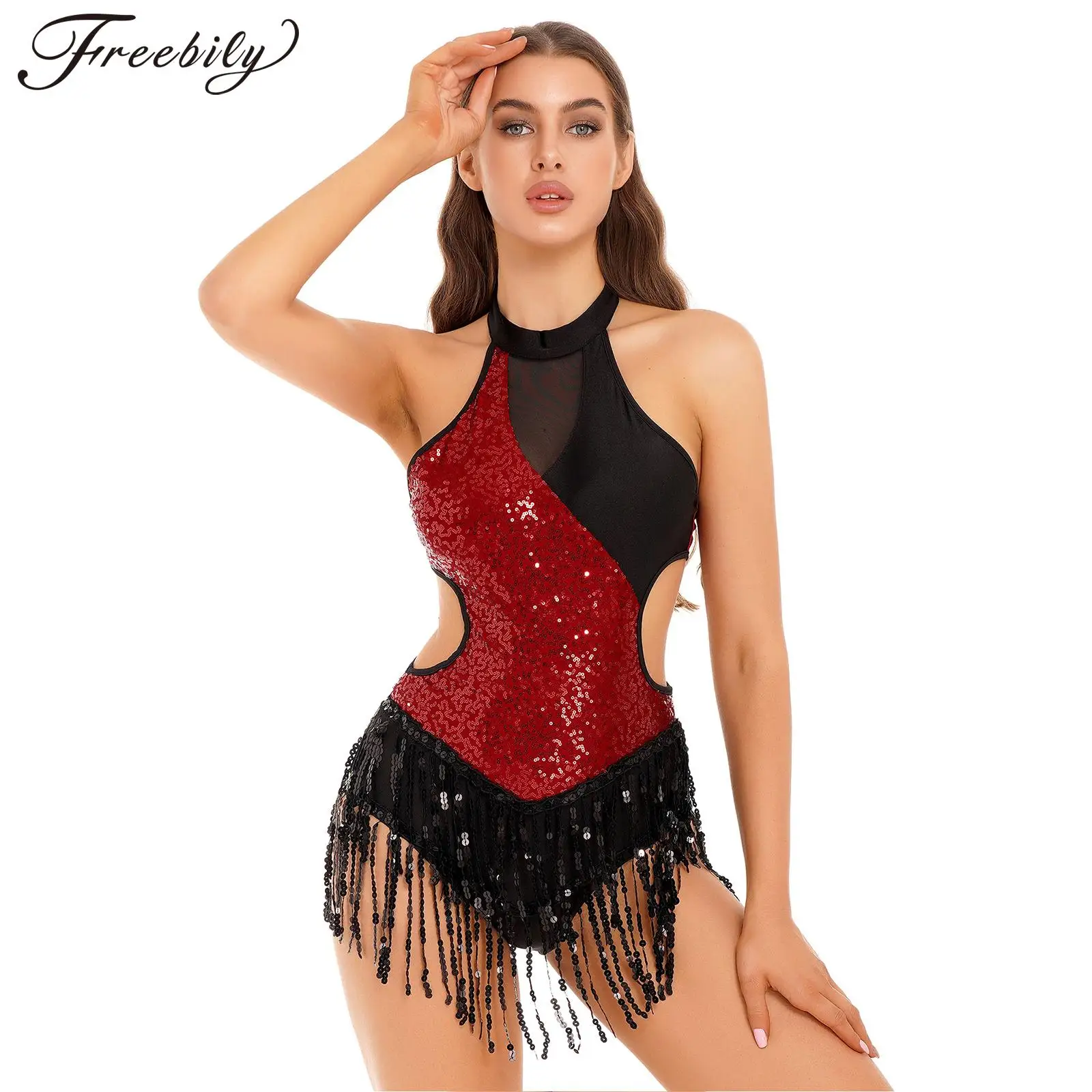 

Women Latin Jazz Dance Leotard Dress Cha-Cha Tango Samba Rumba Performance Costume Sleeveless Shiny Sequin Fringed Bodysuit