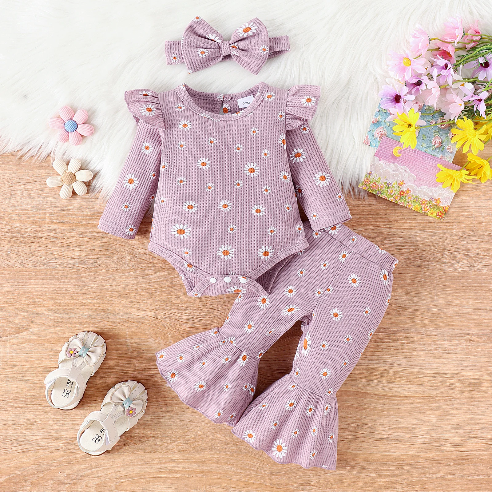 3PCS Autumn New Style For Girls Aged 0-1, Fashionable Round Collar Printed Long-Sleeved Clothes + Trousers + Headscarf